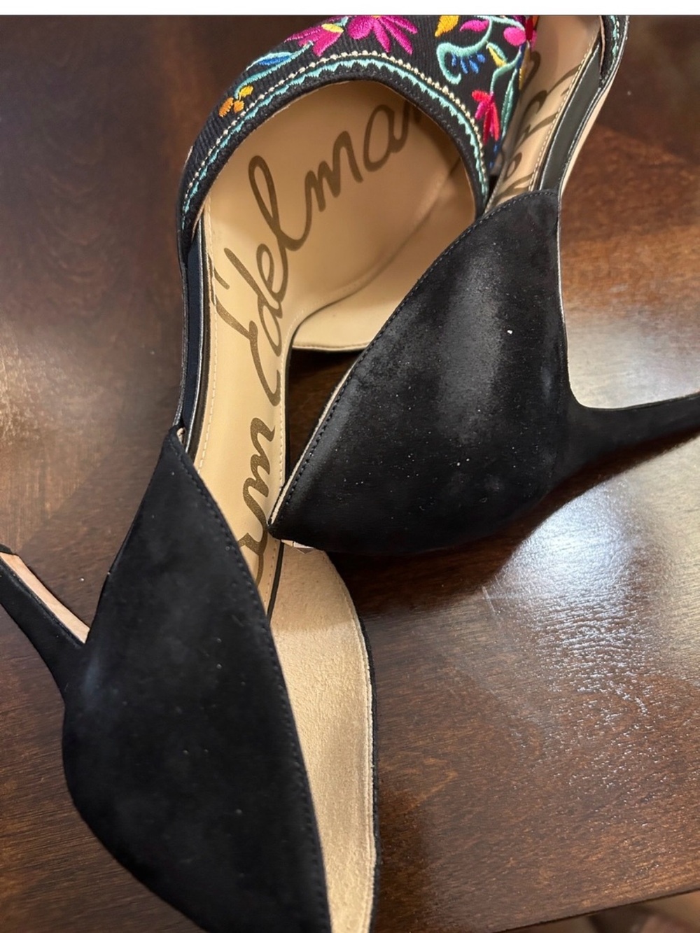 Sam Edelman Black Pointed-Toe D'Orsay Heels with Multicolor Floral Embroidery - Picture 8 of 8